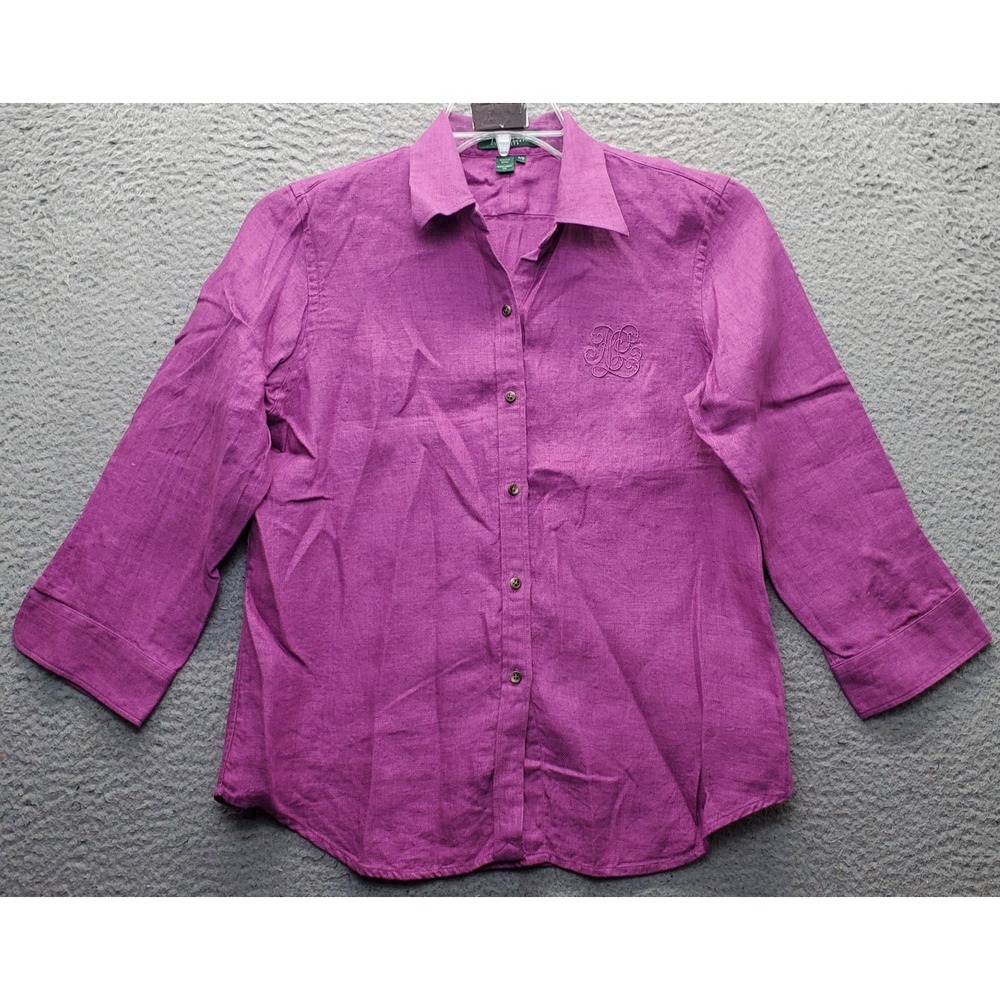 Lauren Ralph Lauren Shirt Top Womens Petite PM Pink Linen Long Sleeve Button-Up